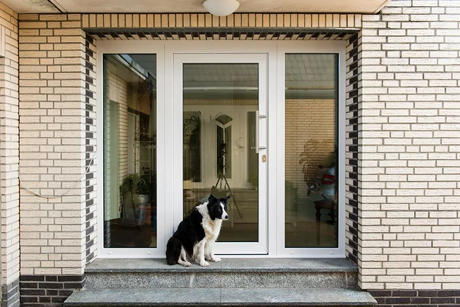 Weiße Kunststoff-Haustür mit Glasausschnitt an einem Hauseingang