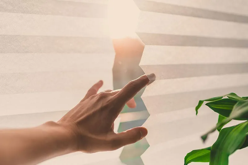 Hand berührt ein innenliegendes Plissee am Fenster