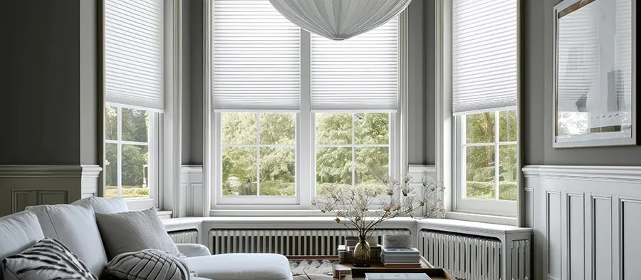 Plissee als innenliegender Blendschutz an einem Erkerfenster